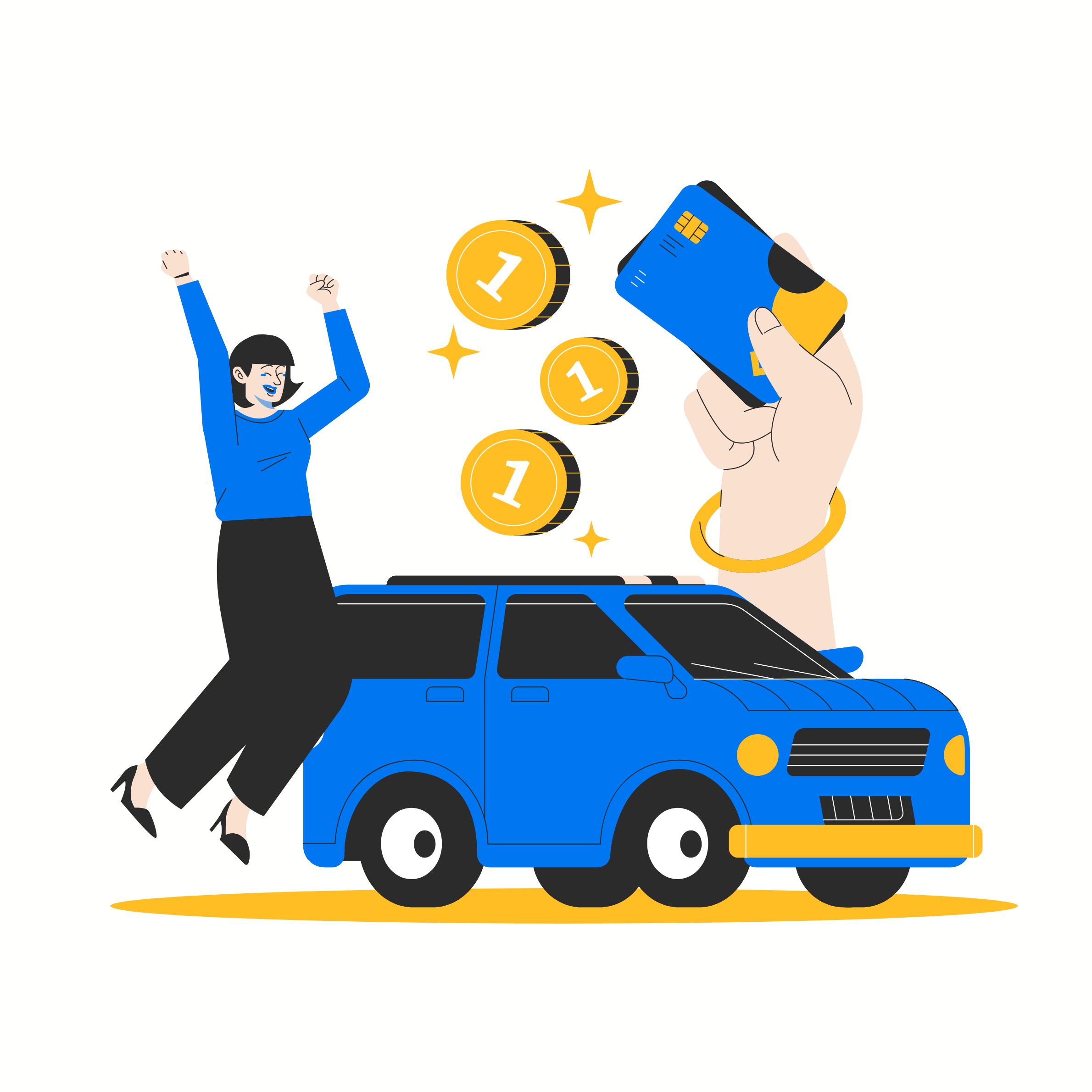 Illustration of a delighted buyer beside a new car, with coins and a payment card
