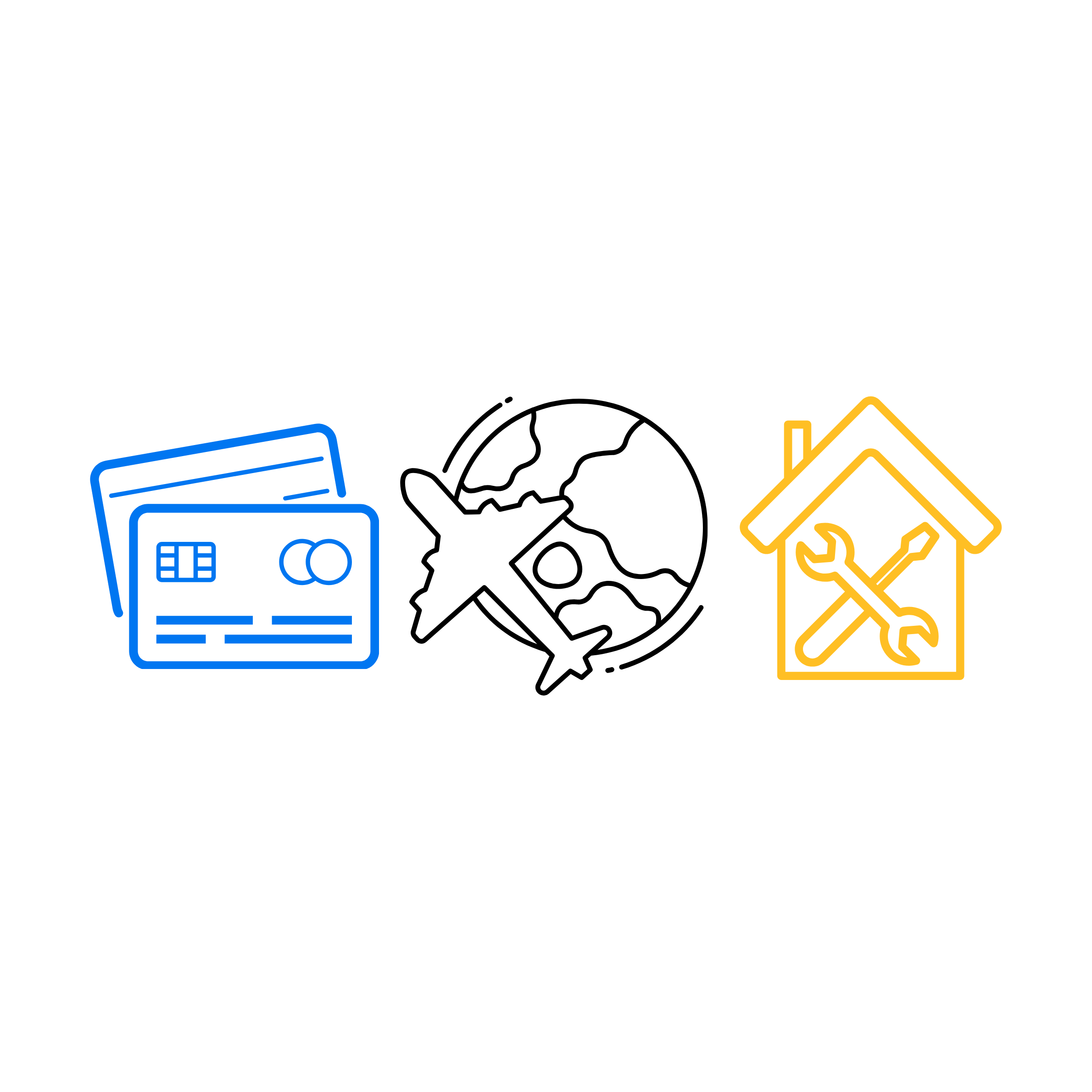 Illustration of personal-loan uses — payment cards, travel and home renovation